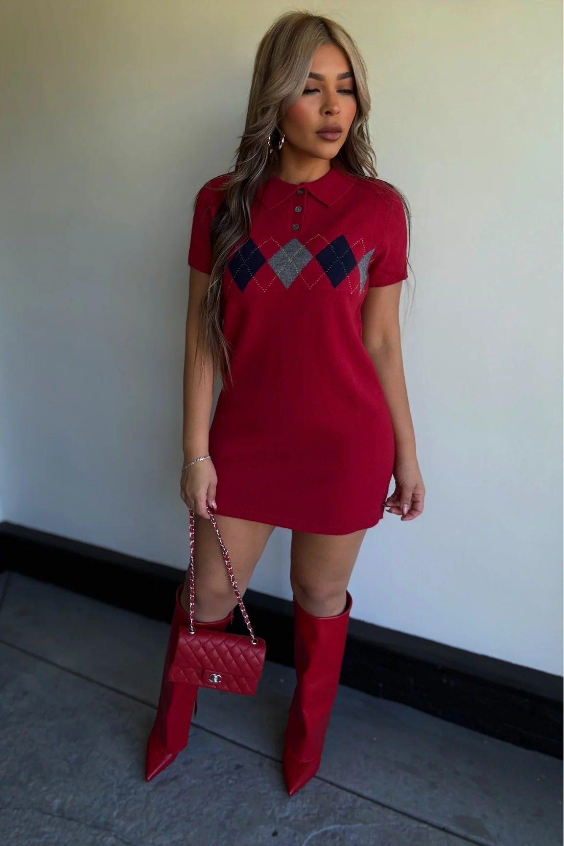 VESTIDO SUETER ROMBOS ROJO llega 16/DIC/25