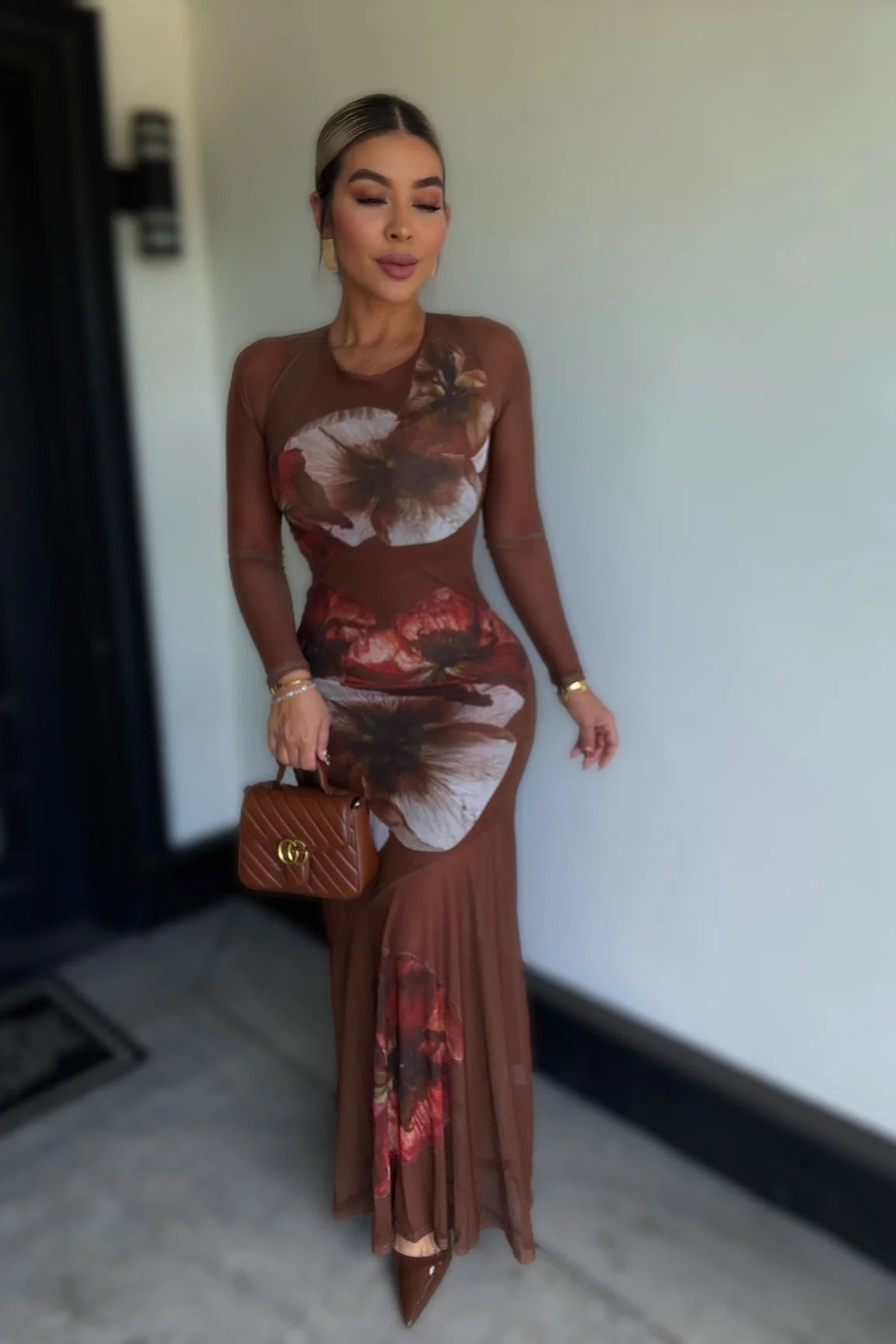 VESTIDO MESH FLORAL CAFE