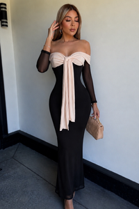 VESTIDO BOW MIDI MESH NEGRO/BEIGE