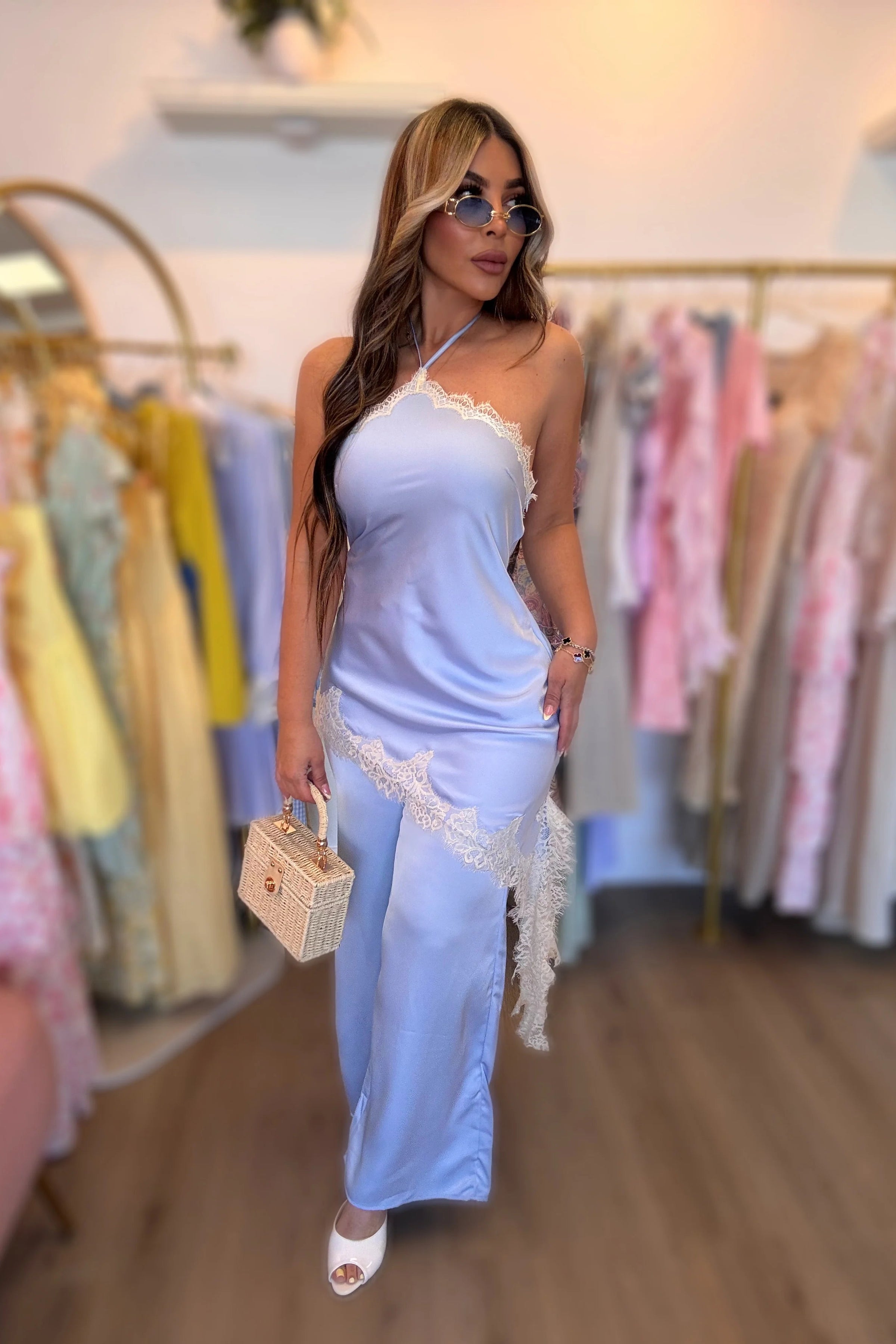 JUMPSUIT PALAZZO LENCERO SATIN ENCAJE AZUL