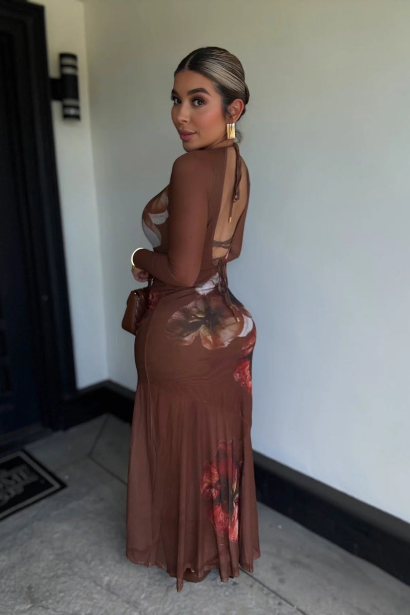 VESTIDO MESH FLORAL CAFE