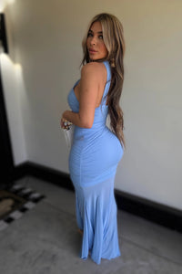 MAXI VESTIDO ASIMETRICO MESH AZIL