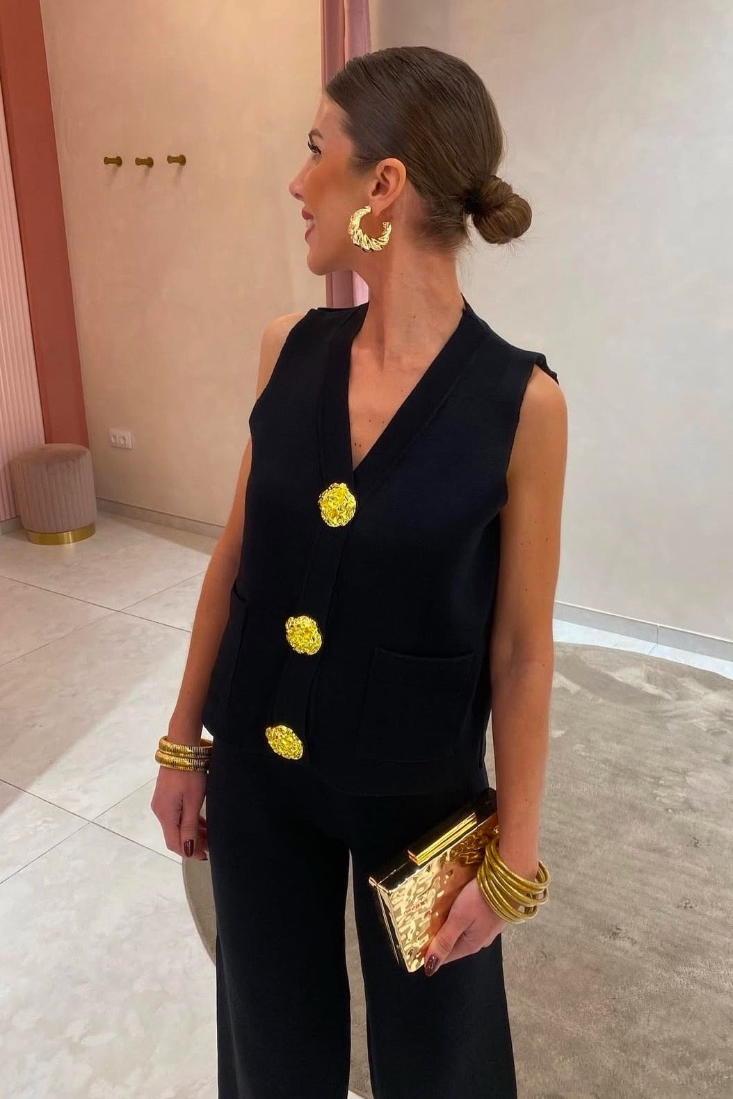 SET MAXI BOTON TEJIDO CHALECO PANTALON NEGRO