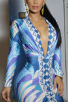 VESTIDO DRAPEADO GEOMETRICO AZUL