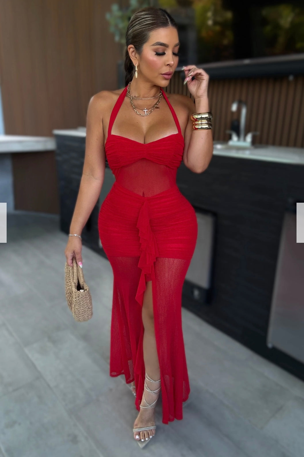VESTIDO LINA MESH DRAPEADO ROJO