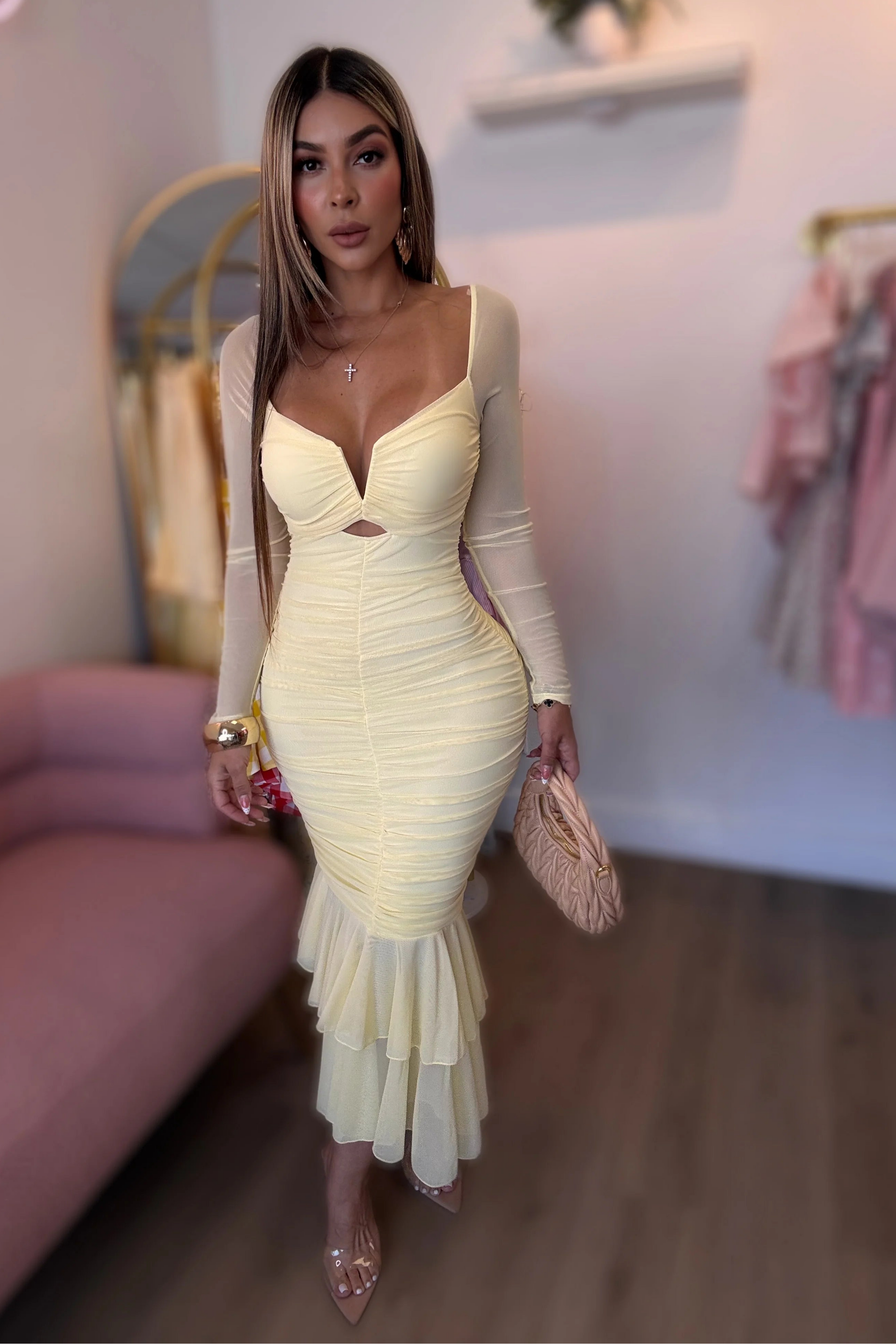 VESTIDO MESH DRAPEADO CANARIO