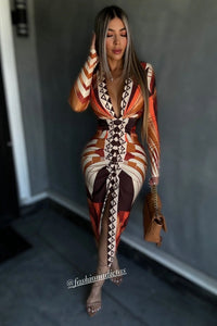 VESTIDO DRAPEADO GEOMETRICO TERRACOTA