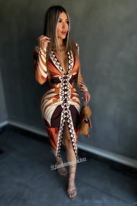 VESTIDO DRAPEADO GEOMETRICO TERRACOTA