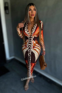 VESTIDO DRAPEADO GEOMETRICO TERRACOTA