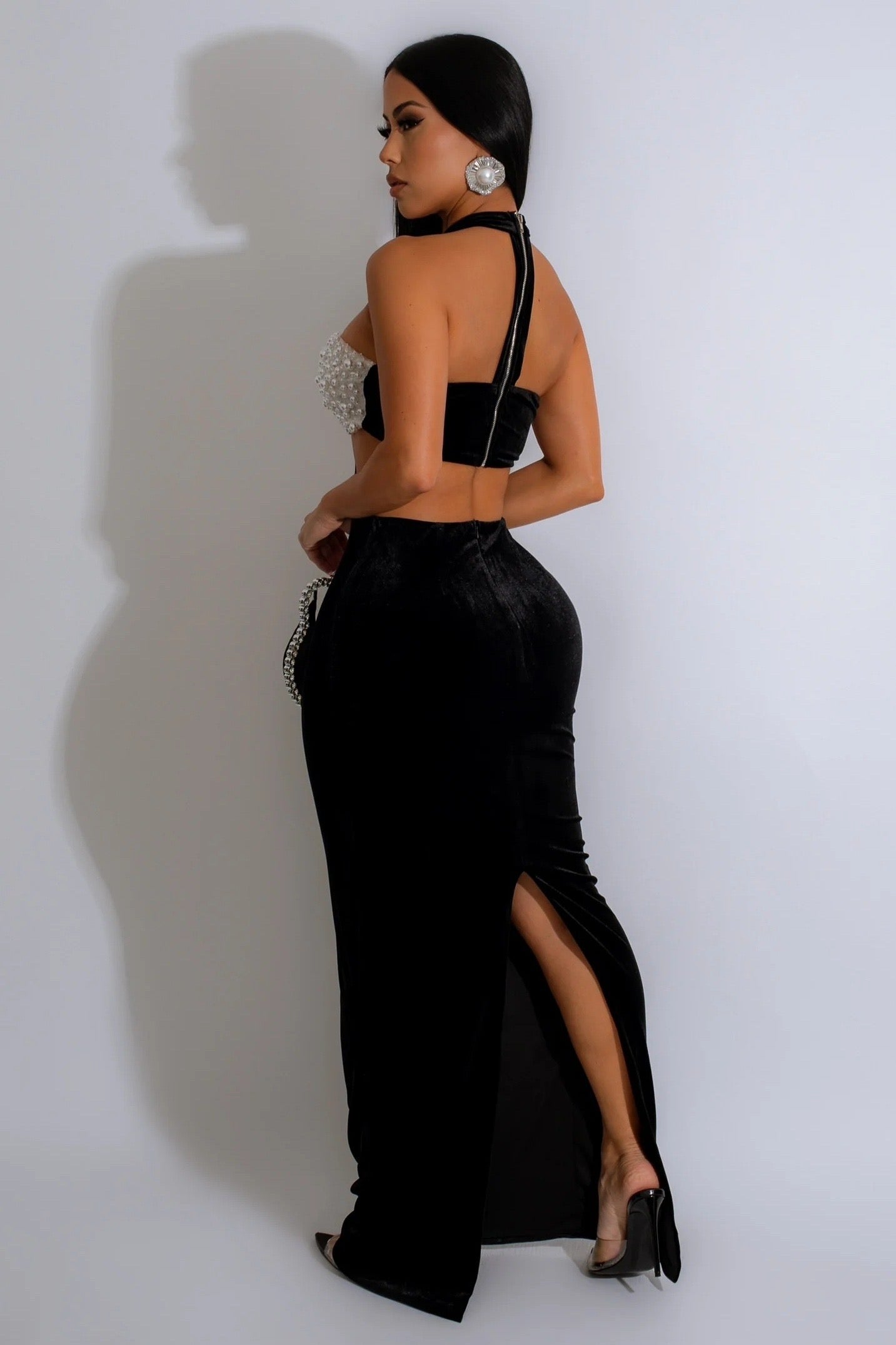 MAXI VESTIDO JOLIE PERLAS VELVET  NEGRO