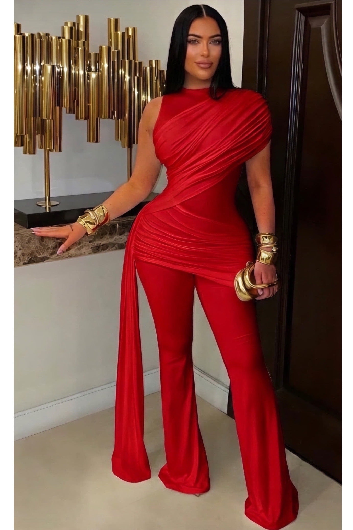 JUMPSUIT DRAPEADO MANGA  ESTOLA ROJO