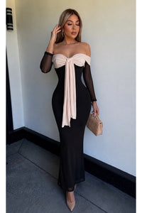 VESTIDO BOW MIDI MESH NEGRO/BEIGE