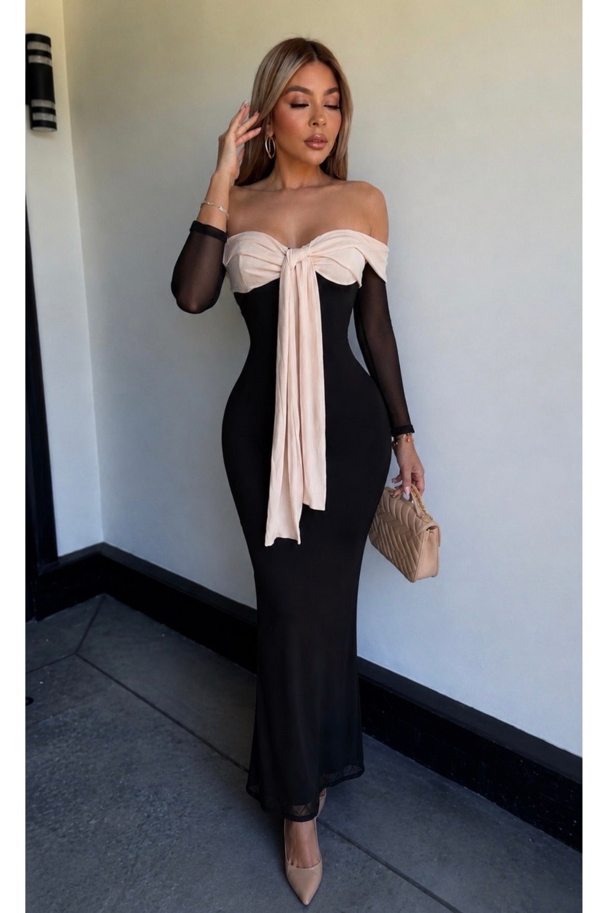 VESTIDO BOW MIDI MESH NEGRO/BEIGE