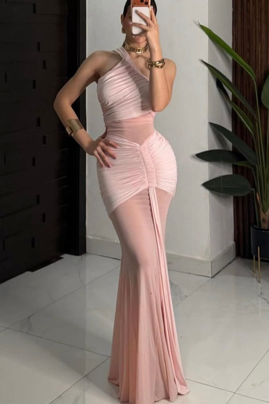 MAXI VESTIDO ASIMETRICO MESH ROSA