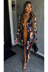 VESTIDO DRAPEADO TRIBAL AZUL MULTI
