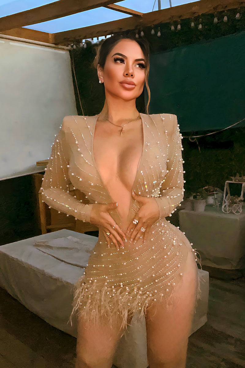 VESTIDO MARGIE NUDE CRISTALES PLUMAS