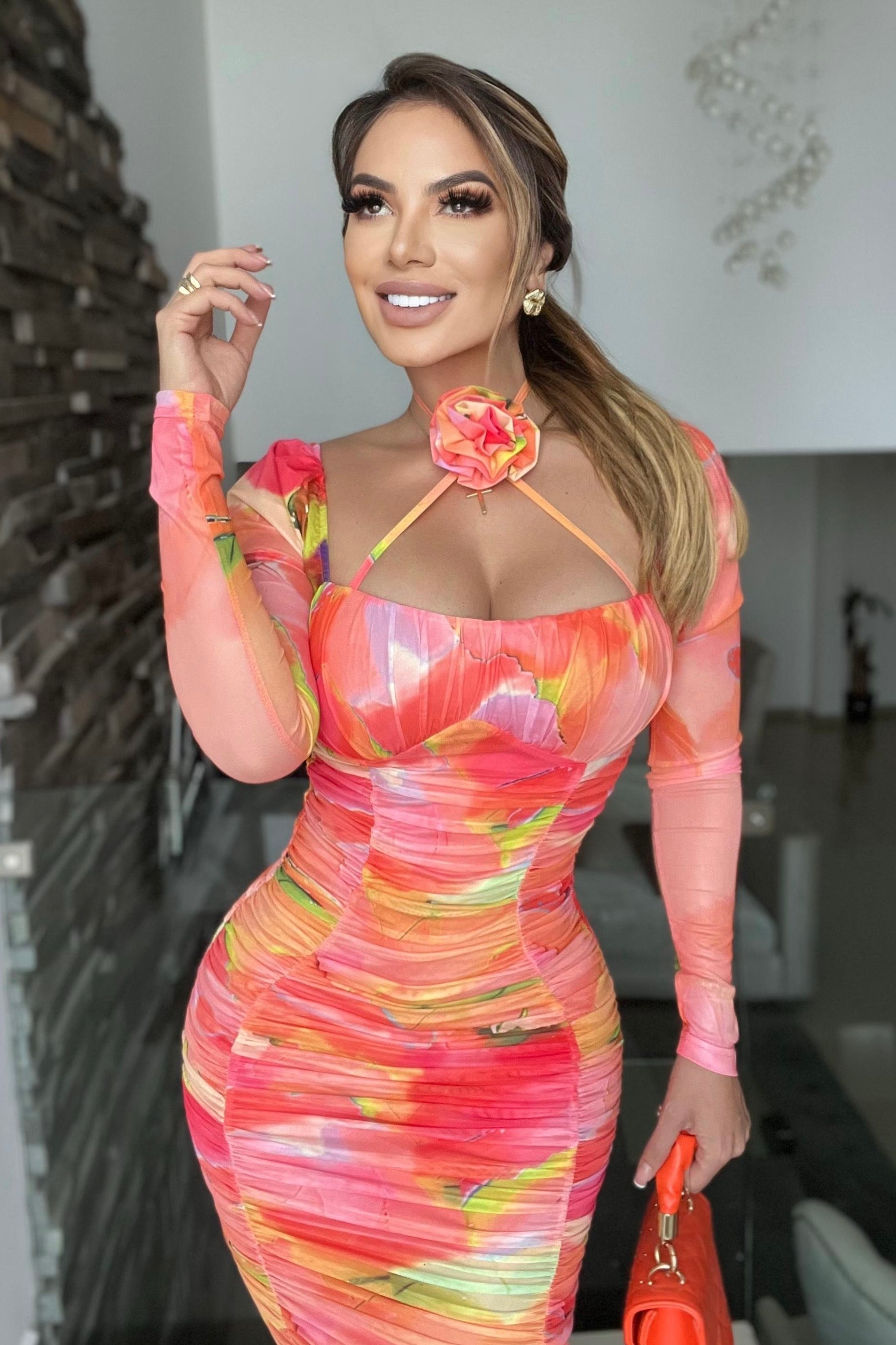 VESTIDO MESH FRUIT DRAPEADO FLOR COLLAR