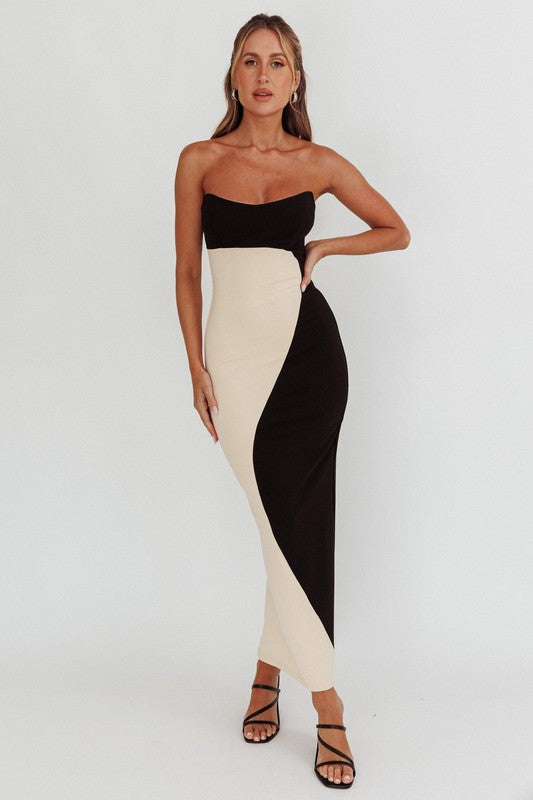 VESTIDO MAIA MIDI STRAPLESS NEGRO/BEIGE