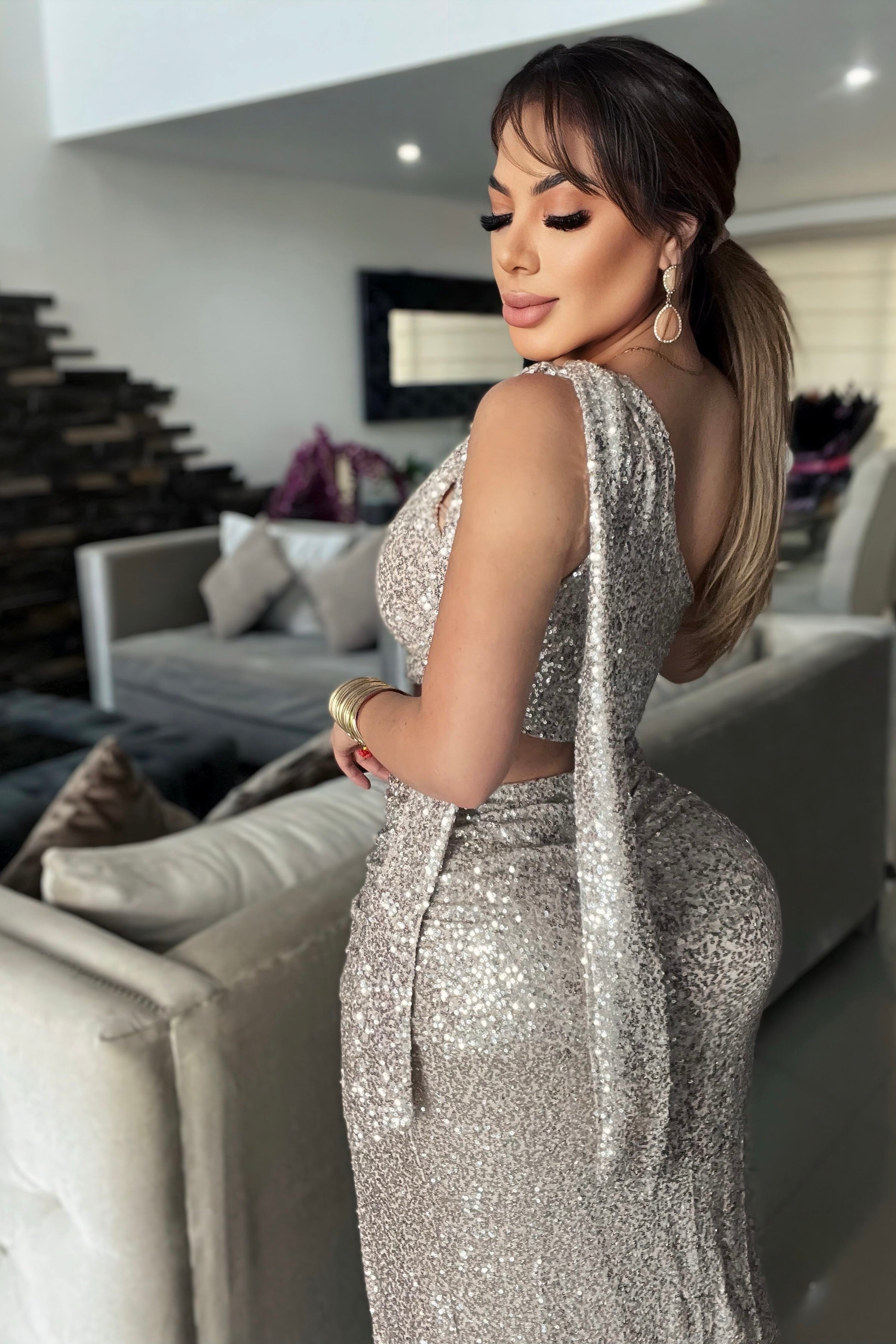 MAXI VESTIDO IRIA MOÑO LENTEJUELAS SILVER