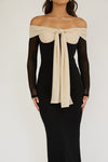 VESTIDO BOW MIDI MESH NEGRO/BEIGE