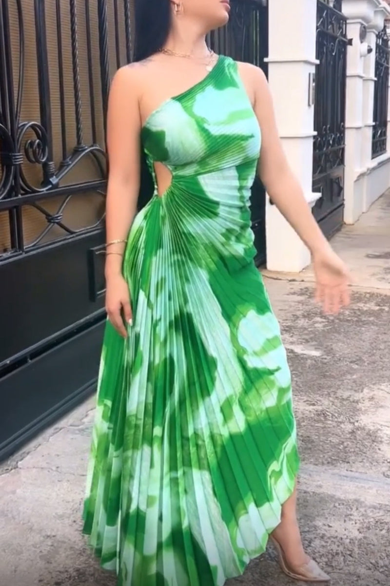 MAXI VESTIDO SERENA VERDE ASIMETRICO PLISADO