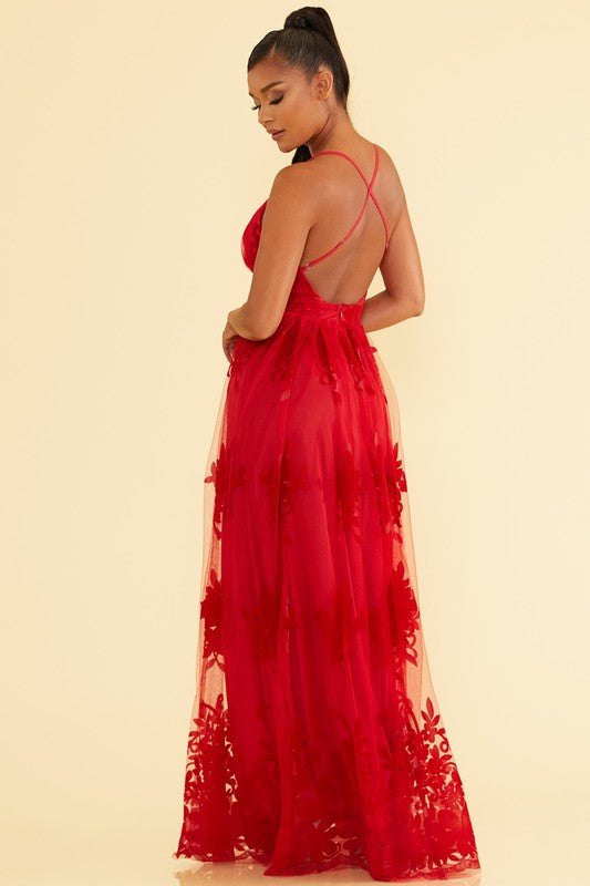 MAXI VESTIDO TULLE FLORAL ROJO