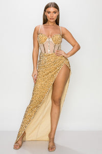 MAXI VESTIDO IRREGULAR LENTEJUELAS DORADO
