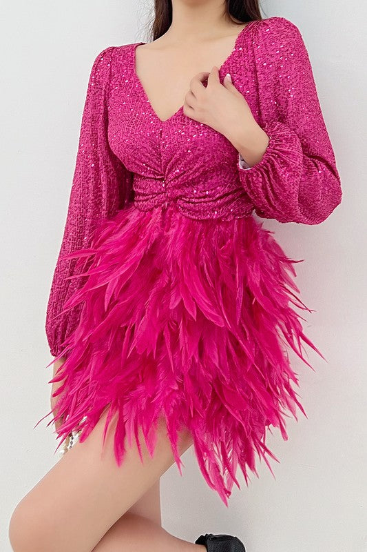 VESTIDO GATSBY PINK LENTEJUELAS PLUMAS