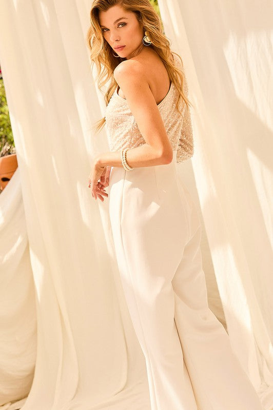 JUMPSUIT PALAZZO AKIRA PLUMAS BLANCO