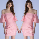 VESTIDO NAHOMI SEMIHOMBROS MANGA ONDULADA ROSA.