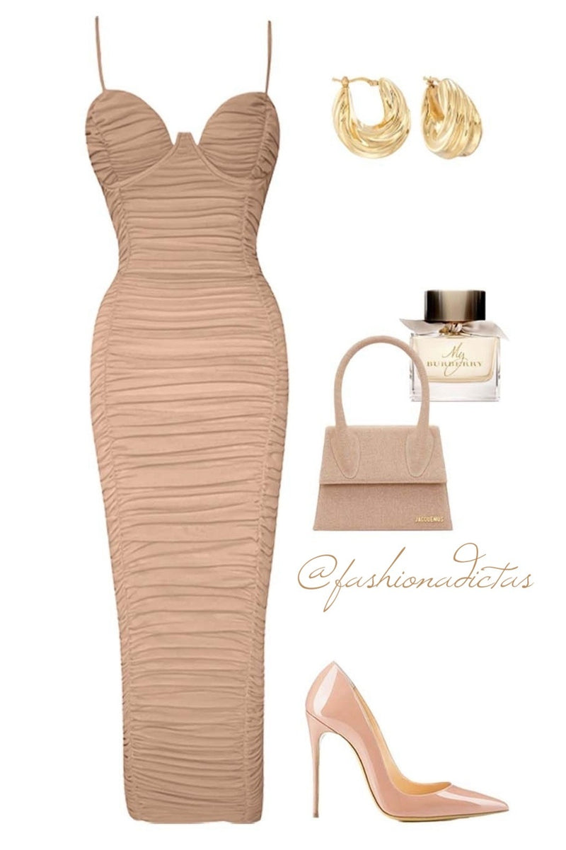 VESTIDO SASHA MESH TUBO DRAPEADO NUDE