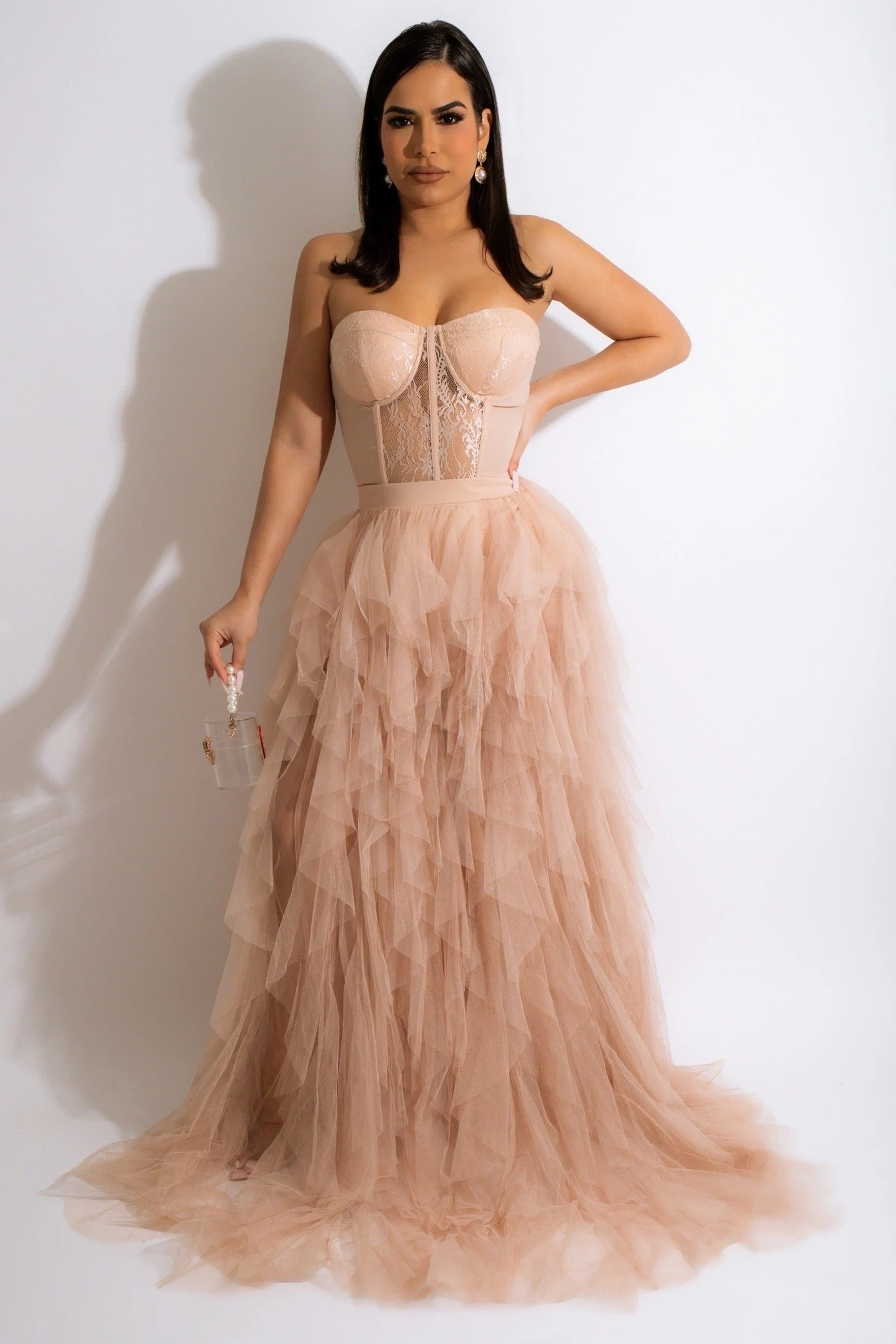 MAXI VESTIDO LUA ENCAJE CORSETTE TULLE NUDE