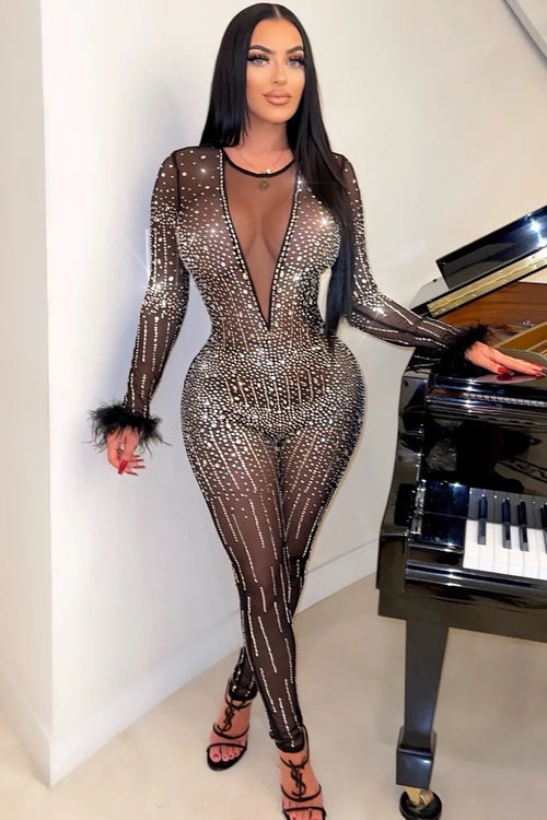 JUMPSUIT GLAM CRISTALES MESH NEGRO