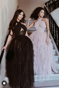 MAXI VESTIDO LUA CORSETTE HALTER TULLE PALO DE ROSA.