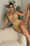 MAXI VESTIDO IRREGULAR LENTEJUELAS DORADO