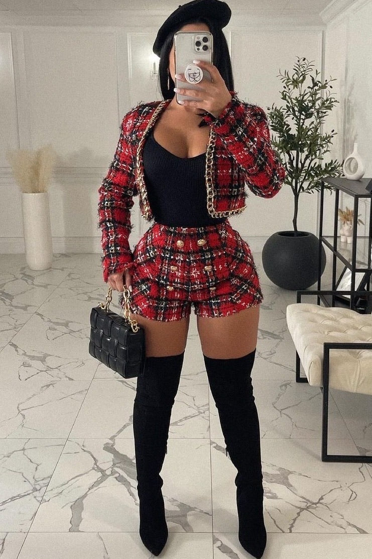 SET CHANEL TWEED SACO Y SHORT ROJO NEGRO
