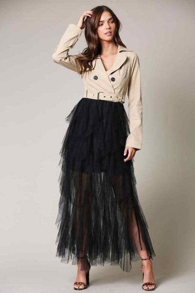 MAXI VESTIDO TULLE GABARDINA NUDE/NEGRO