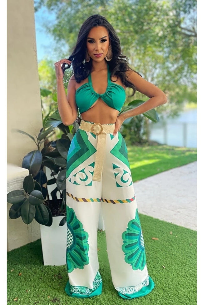 CONJUNTO SET TROPICAL TOP PALAZZO CINTURON