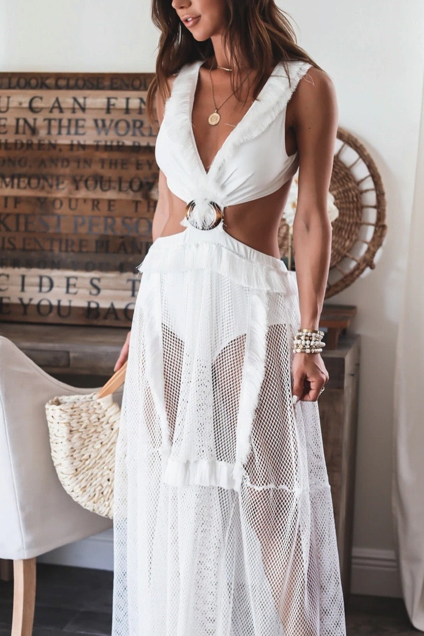 MAXI VESTIDO BAKALAR BIKINI BLANCO MESH SIN MANGA