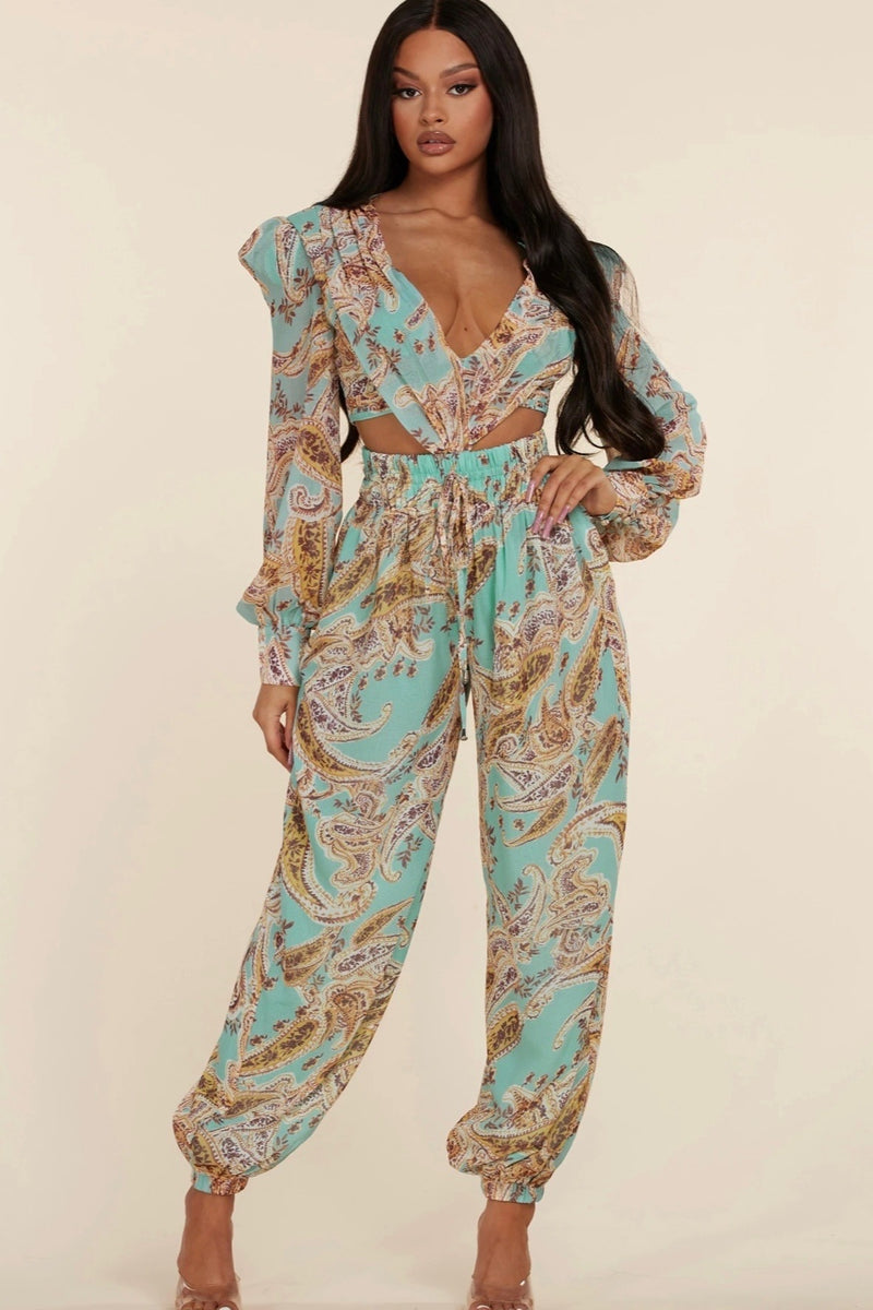 JUMPSUIT TOP JOGGER PAISLEY MENTA