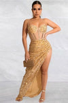 MAXI VESTIDO IRREGULAR LENTEJUELAS DORADO