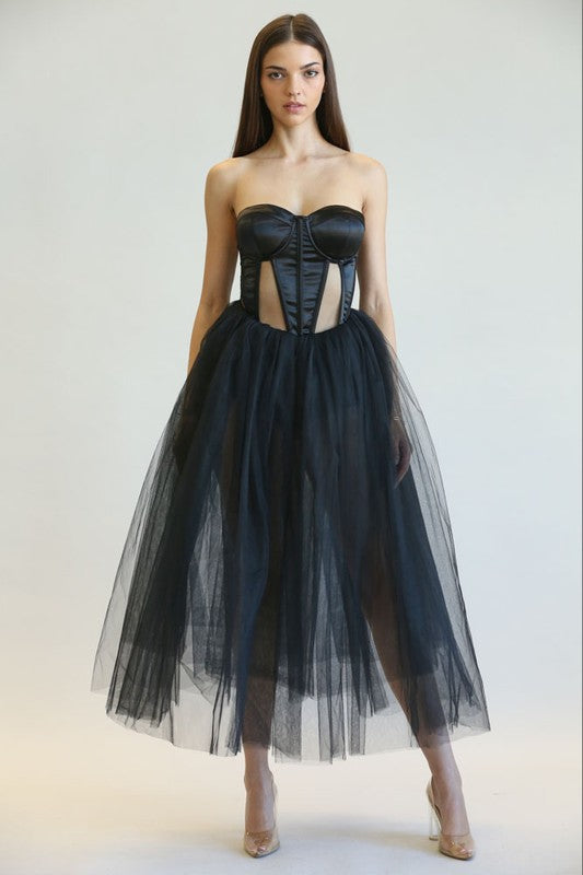 VESTIDO THALIA TULLE NEGRO STRAPLESS