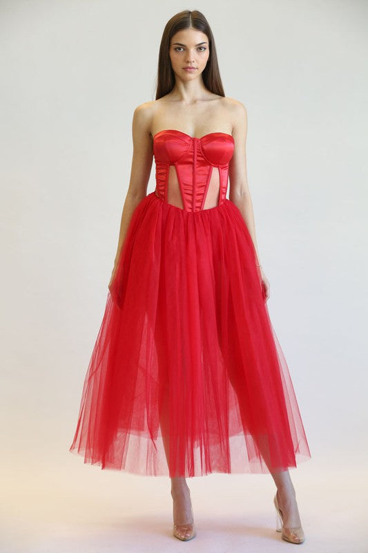 VESTIDO THALIA TULLE ROJO STRAPLESS